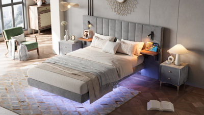 BTM Upholstered Double Bed 4FT6-135x190cm, Double Bed With 4 Drawers And Light Strips Around