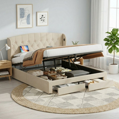 BTM 4ft6 Linen Storage Bed, Hydraulic Lift Bed Frame with Drawers ...