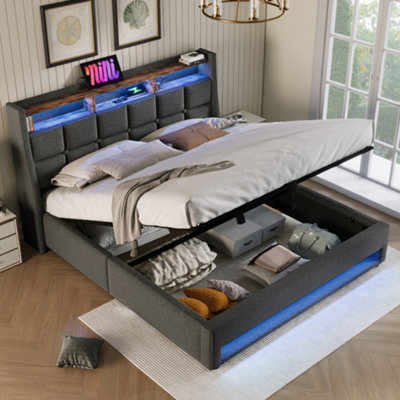 BTM 5FT King Upholstered Storage Bed with LED Lighting USB Charging ...
