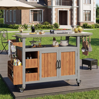 BTM BBQ Side Table, Outdoor Trolley, Stainless Top, Pull-Out Shelf