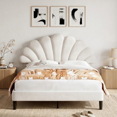 BTM Beige Upholstered Double Bed 4FT6 Velvet Frame With Adjustable