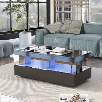 BTM Black High Gloss LED Coffee Table, 16 Color Lights, 2 Drawers Open