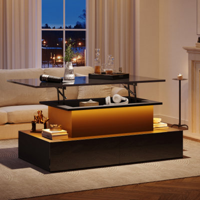 BTM Black LED High Gloss Coffee Table with 4 Drawers Lift Top