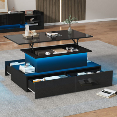 BTM Black LED High Gloss Coffee Table with 4 Drawers Lift Top