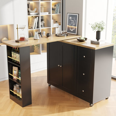BTM Black Swivelling Dining Table on Wheels with Drawers and Snack Rack ...