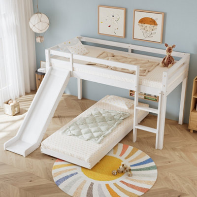 BTM Cabin Bunk Bed White with Slide Adjustable Ladder and Lower