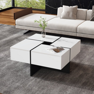 BTM Coffee Table with 4 Drawers, Multifunctional Coffee Table with Storage for Living Room, Square Centre Table Tea Table, White