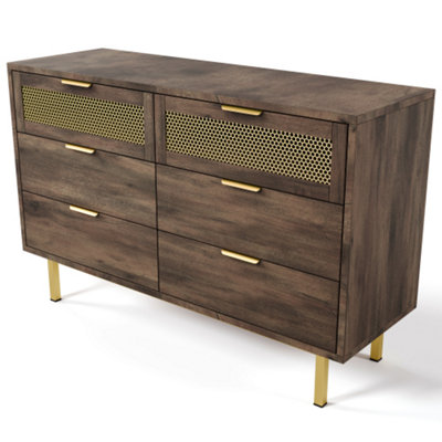 BTM Dark Brown Dresser Sideboard 6 Drawers Metal Handles Multipurpose  Hallway Living Bedroom 120cm