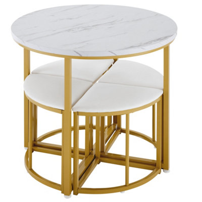 BTM Dining Table Set with Four Velvet Chairs White MDF Top and Gold ...