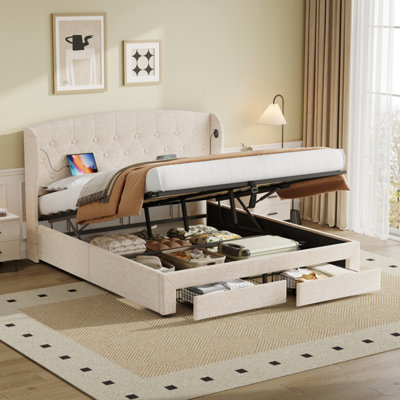 BTM Double Bed with Hydraulic And Drawer Storage, Wingback Tufted ...