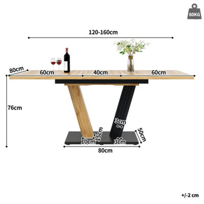 BTM Extendable Dining Table, 120 To 160cm Kitchen Table with Wood Grain Finish, Space-Saving Dining Table for Kitchen, Living Room