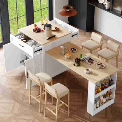 BTM EXtendable Kitchen Island Bar Table with Drawers Storage and Side ...