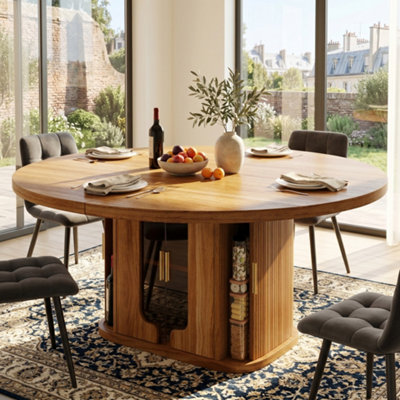 BTM Extendable Round to Oval Dining Table 118 TO 158 cm Seats up to 6 with Glass Door Storage Walnut Finish