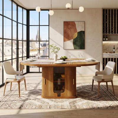 BTM Extendable Round to Oval Dining Table 118 TO 158 cm Seats up to 6 with Glass Door Storage Walnut Finish