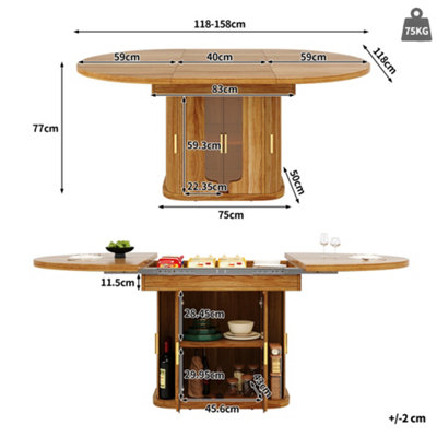 BTM Extendable Round to Oval Dining Table 118 TO 158 cm Seats up to 6 with Glass Door Storage Walnut Finish