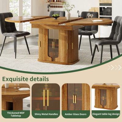 BTM Extendable Round to Oval Dining Table 118 TO 158 cm Seats up to 6 with Glass Door Storage Walnut Finish