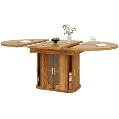 BTM Extendable Round to Oval Dining Table 118 TO 158 cm Seats up to 6 with Glass Door Storage Walnut Finish