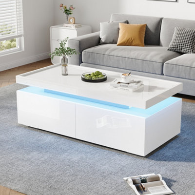 BTM High Gloss Coffee Table with 2 Drawers and LED Lights White