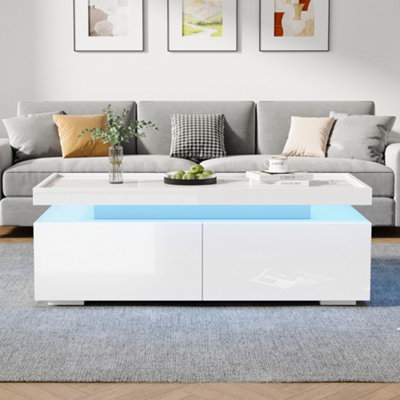 BTM High Gloss Coffee Table with 2 Drawers and LED Lights White