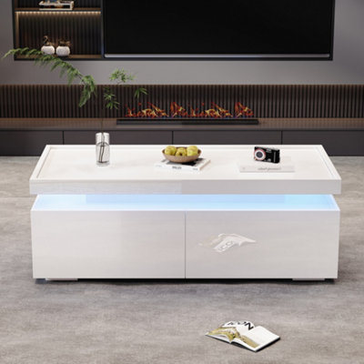 BTM High Gloss Coffee Table with 2 Drawers and LED Lights White