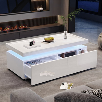 BTM High Gloss Coffee Table with 2 Drawers and LED Lights White