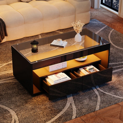 BTM High Gloss Coffee Table with LED, Glass Top, Open Storage And 2 ...