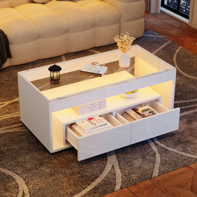 BTM High Gloss Coffee Table with LED, Glass Top, Open Storage And 2 ...