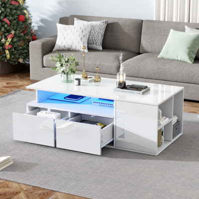 BTM High Gloss Coffee Table with LED, Open Storage And 2 Drawers ...