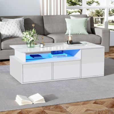 BTM High Gloss Coffee Table with LED, Open Storage And 2 Drawers ...