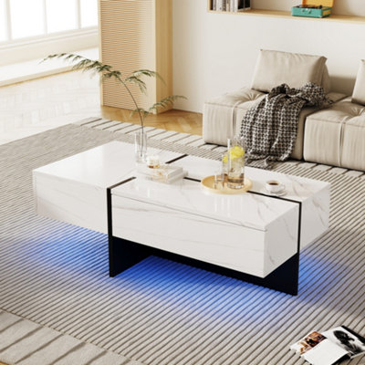 BTM High Gloss Coffee Table with Marble Effect Top, Black Risers, LED ...