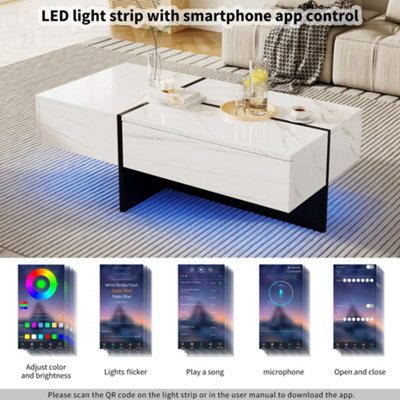 BTM High Gloss Coffee Table with Marble Effect Top, Black Risers, LED ...
