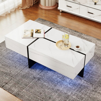 BTM High Gloss Coffee Table with Marble Effect Top, Black Risers, LED ...