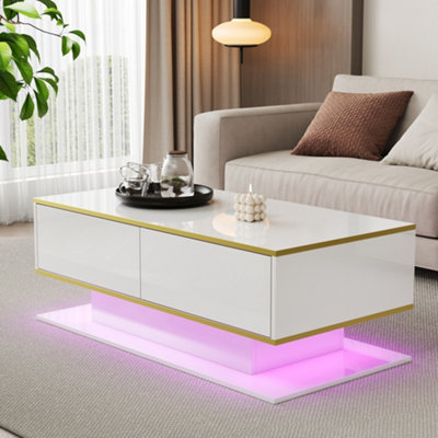 BTM High Gloss LED Coffee Table 100cm, Gold Accents, 3 Drawers, USB LED ...