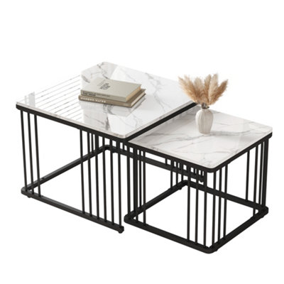 BTM High Gloss Set of 2 Nesting Coffee Tables with Metal Frame & Marble Pattern, Ink Black, for Living Room/Bedroom/Office