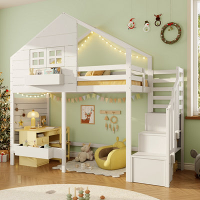 BTM Kids Bunk Loft Bed 90x190cm with Storage Stairs & Guardrail, Solid ...