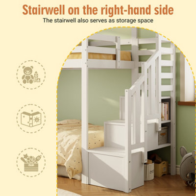 BTM Kids Bunk Loft Bed 90x190cm with Storage Stairs & Guardrail, Solid ...