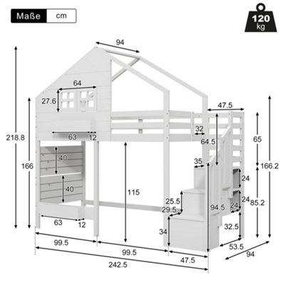 BTM Kids Bunk Loft Bed 90x190cm with Storage Stairs & Guardrail, Solid ...
