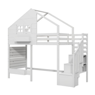 BTM Kids Bunk Loft Bed 90x190cm with Storage Stairs & Guardrail, Solid ...