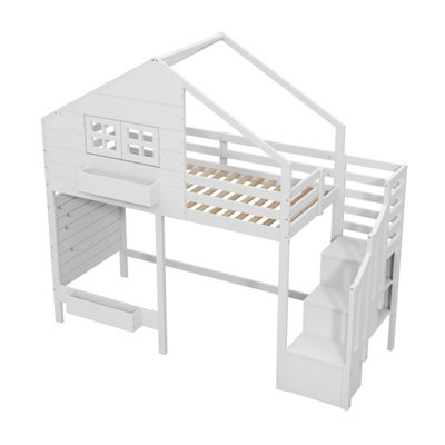 BTM Kids Bunk Loft Bed 90x190cm with Storage Stairs & Guardrail, Solid ...