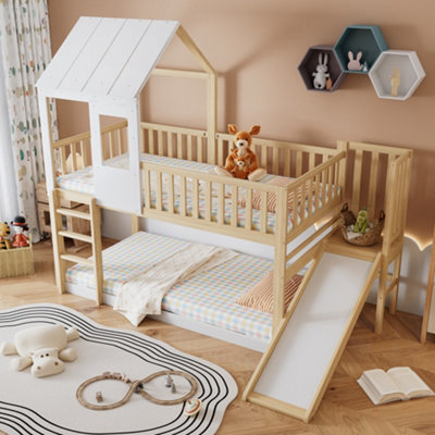 BTM Kids High Sleeper Bed 3FT Single Wooden Bed Frame With Slide Roof ...