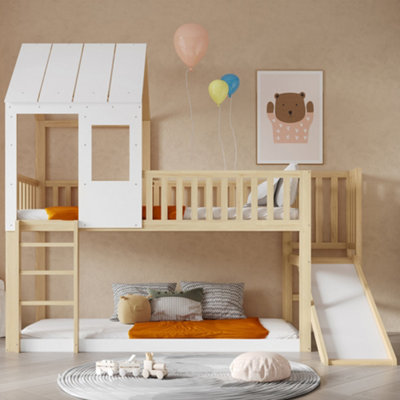 BTM Kids High Sleeper Bed 3FT Single Wooden Bed Frame With Slide Roof ...