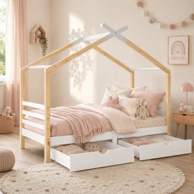 BTM Kids Single House Bed, Solid Pine Wood Treehouse Bed with Underbed ...