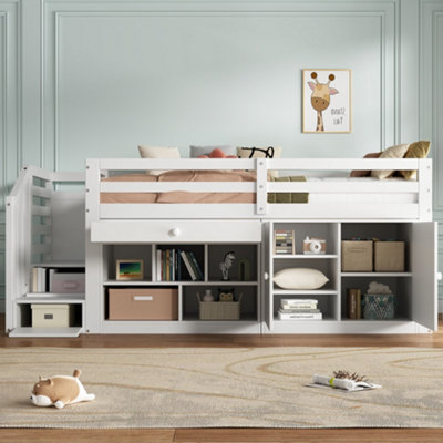BTM Kids Wooden Bed with Stairs Storage Reversible Drawers and Desk ...