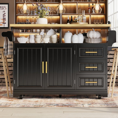 BTM Kitchen Island with Dining Table Extension Rolling Buffet Sideboard ...