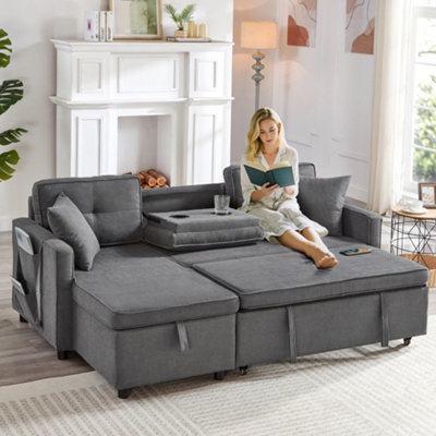 KEIKI 81" L-Shaped Modular Sectional Sofa With Pull-Out Bed & Storage - Velvet Reversible Chaise, Dark Gray, 4-Seater