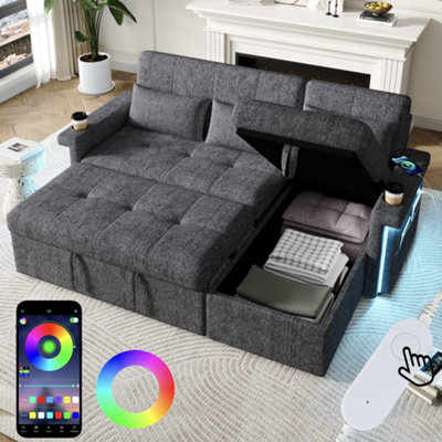 BTM L Shaped Sofa Bed, Pull Out Sleeper, LED Lights, USB Ports, Storage ...