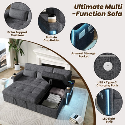 BTM L Shaped Sofa Bed, Pull Out Sleeper, LED Lights, USB Ports, Storage ...