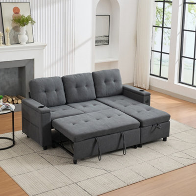 BTM L Shaped Sofa Bed with Storage, 3 Seater, USB, LED Lights, 2 Cup ...