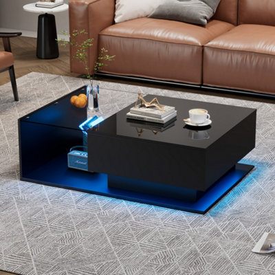 BTM LED Coffee Table, Modern High Gloss Center Table with Glass & Drawer for Living Room, Black