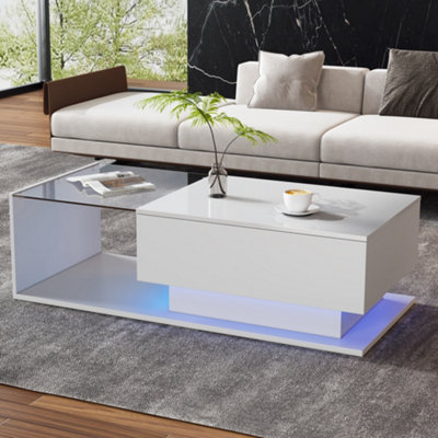 BTM LED Coffee Table, Modern High Gloss Center Table with Glass & Drawer for Living Room, White